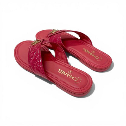 Chanel Sandals Shoes Patent Pink Gold CC Logo Quilted Thong Flat — view 4