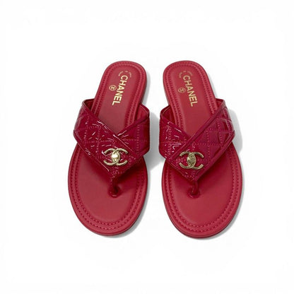 Chanel Sandals Shoes Patent Pink Gold CC Logo Quilted Thong Flat — view 2