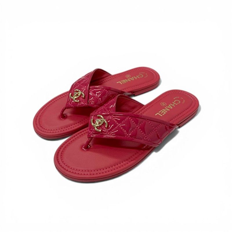 Chanel Sandals Shoes Patent Pink Gold CC Logo Quilted Thong Flat