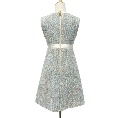 Louis Vuitton Dress White Blue a Line Tweed Star — view 3