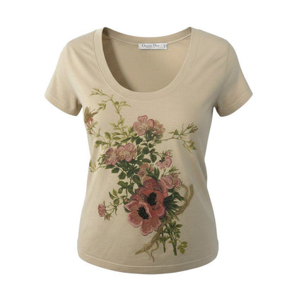 Dior Galiano Era Short Sleeve Cotton T-Shirt Neck Flower Embroidery Top 46 Baby