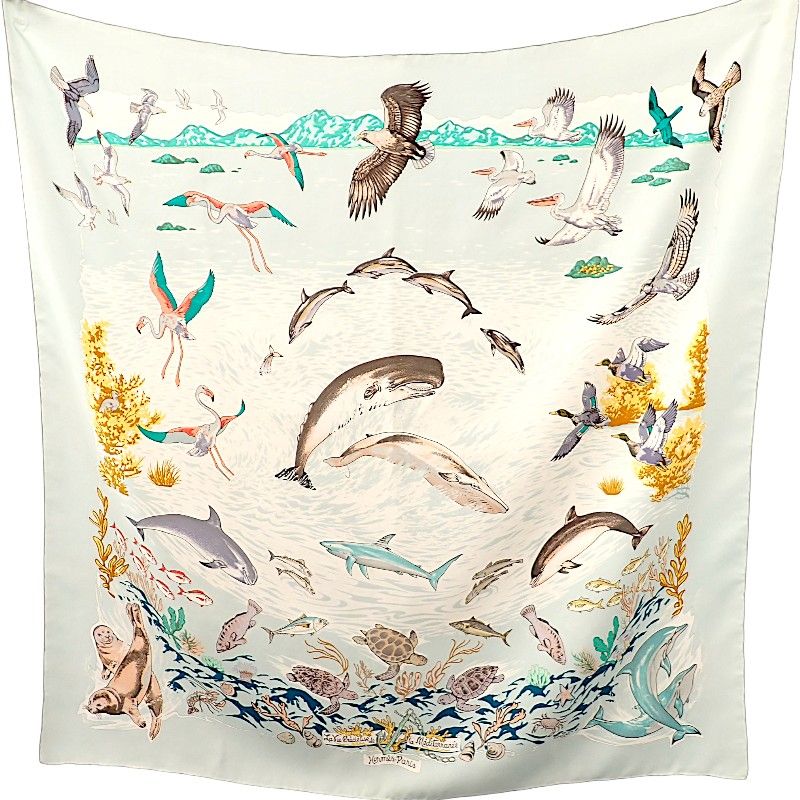 Hermes Carre 90 la Vie Precieuse de la Mediterranee Scarf Silk Light Blue