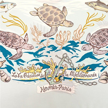 Hermes Carre 90 la Vie Precieuse de la Mediterranee Scarf Silk Light Blue — view 3