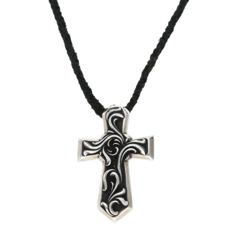 Chrome Hearts Vulcan Cross LG LB Large Leather Braid Silver Necklace