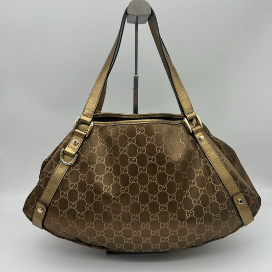 Gucci GG Canvas Abbey Tote Shoulder Bag Metallic Cles the Gold Brown