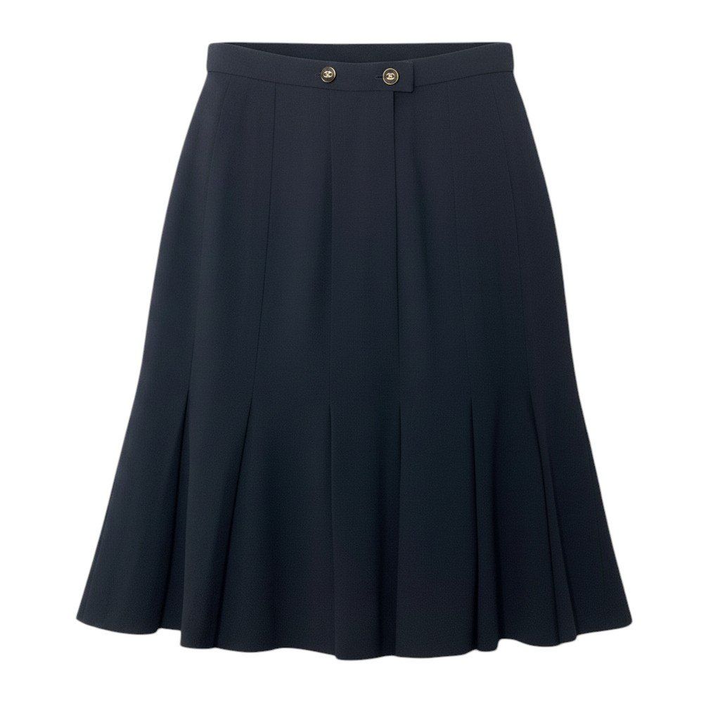 Chanel Boutique Pleated Skirt Knee Length CC Logo Button Navy Wool