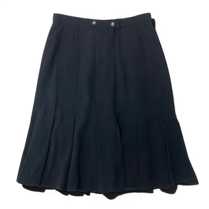 Chanel Boutique Pleated Skirt Knee Length CC Logo Button Navy Wool — view 2