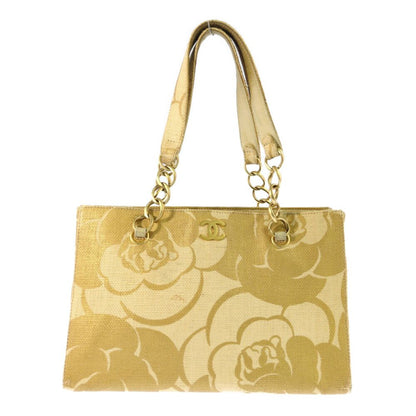 Chanel Super Camellia Canvas Chain Handbag CC Logo Beige Vintage Around Tote