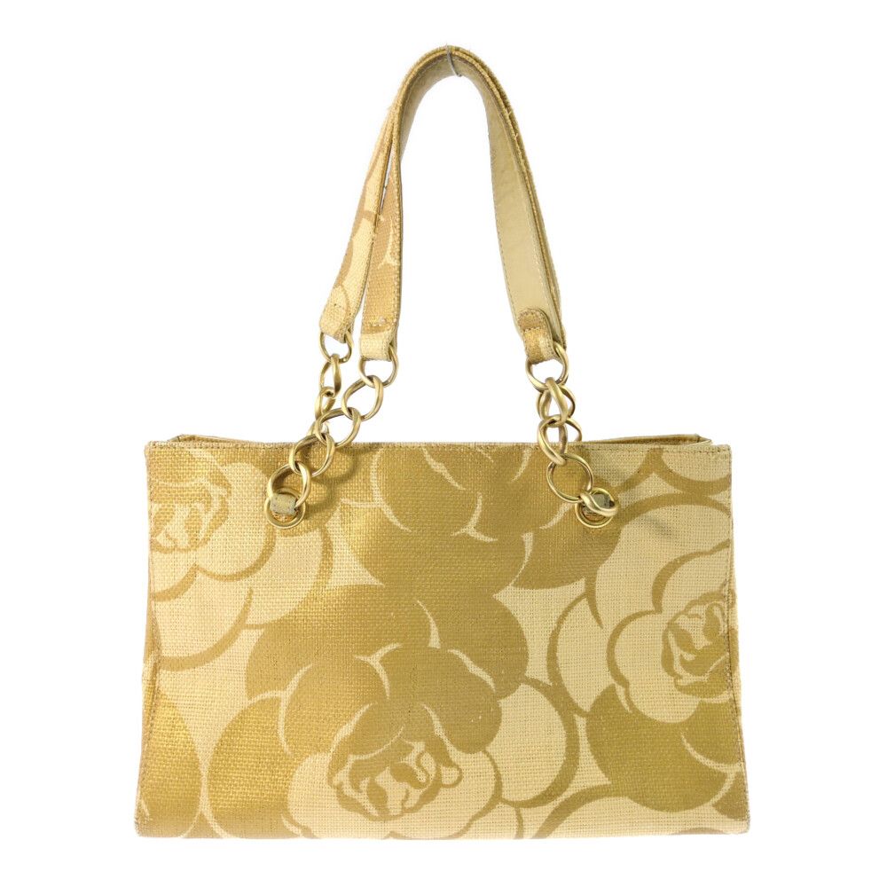 Chanel Super Camellia Canvas Chain Handbag CC Logo Beige Vintage Around Tote