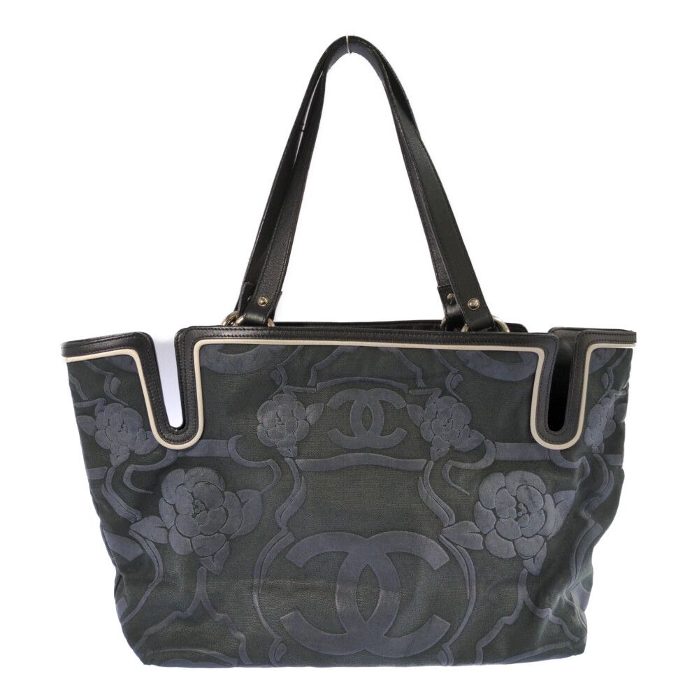 Chanel Camellia Locky Canvas Tote CC Logo Black Vintage