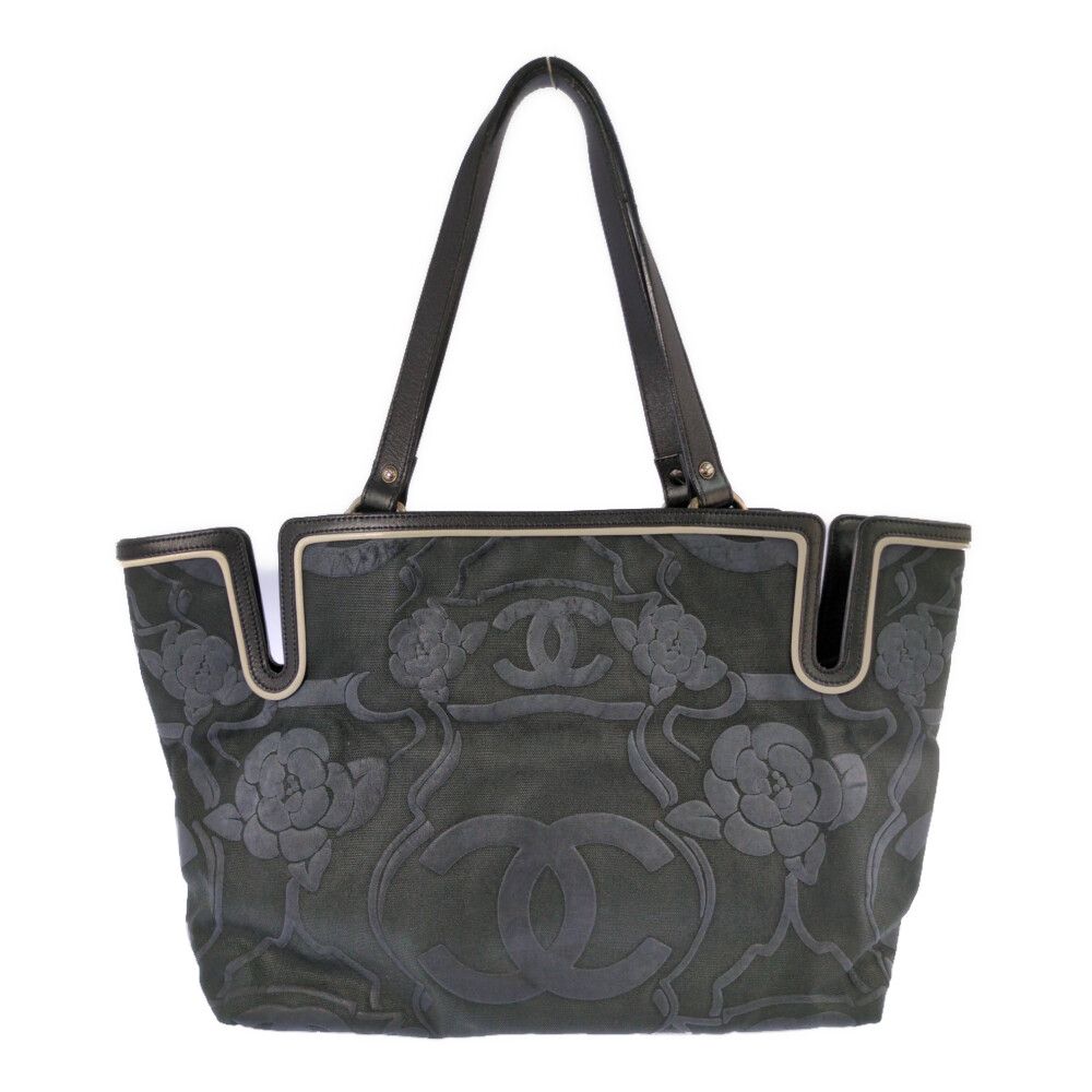 Chanel Camellia Locky Canvas Tote CC Logo Black Vintage