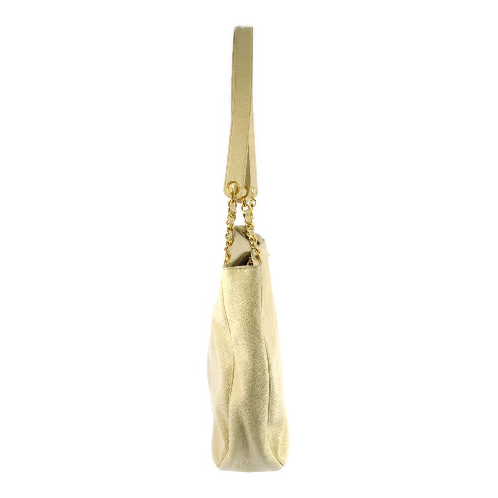 Chanel Caviar Leather Jumbo CC Logo Chain Tote CC Beige Gold Vintage All