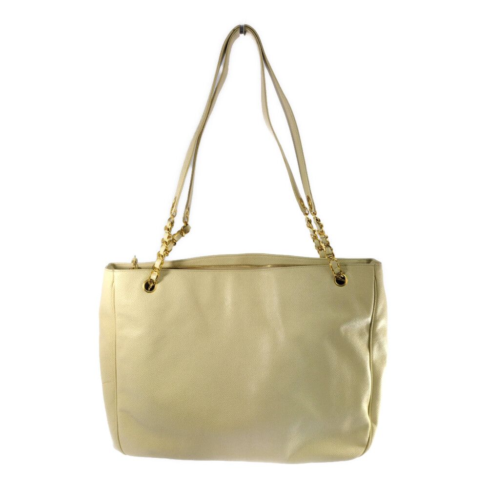 Chanel Caviar Leather Jumbo CC Logo Chain Tote CC Beige Gold Vintage All