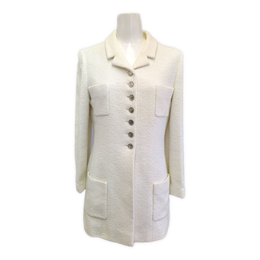 Chanel Coin Button Tweed Jacket 38 Ivory CC Logo Vintag /winter