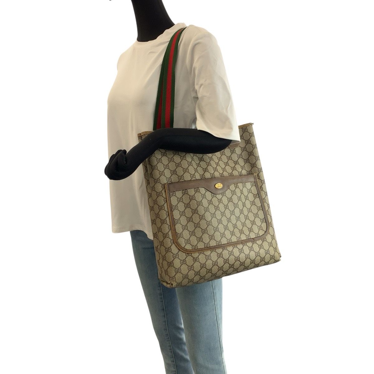 Gucci Vintage Sherry Line Beige GG Supreme Canvas Leather Tote — view 6