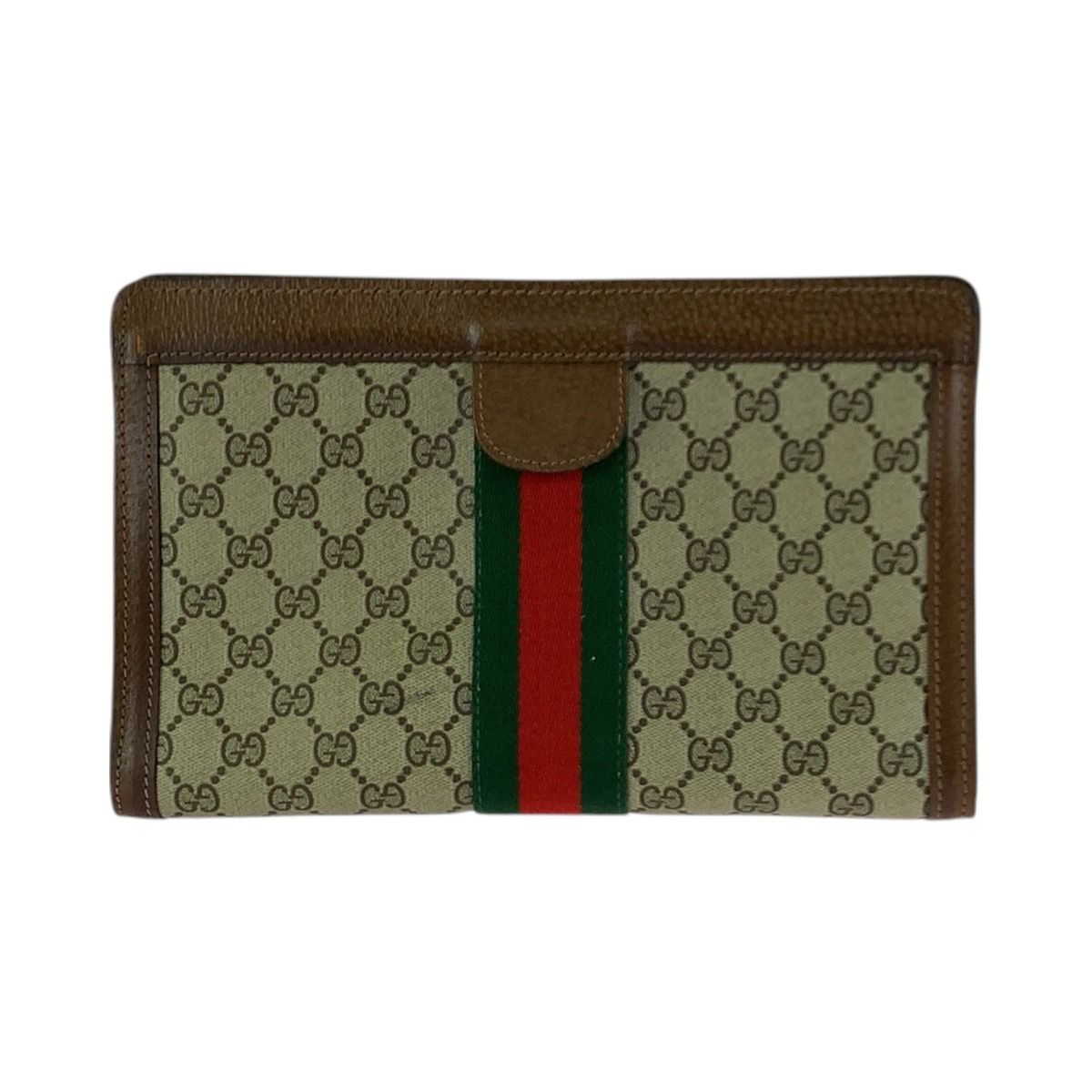 Gucci Vintage Sherry Line Beige Brown GG Supreme Canvas Leather Clutch