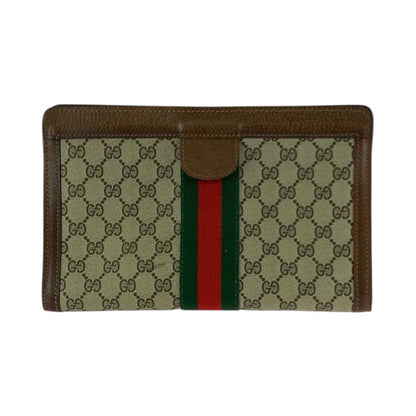Gucci Vintage Sherry Line Beige Brown GG Supreme Canvas Leather Clutch
