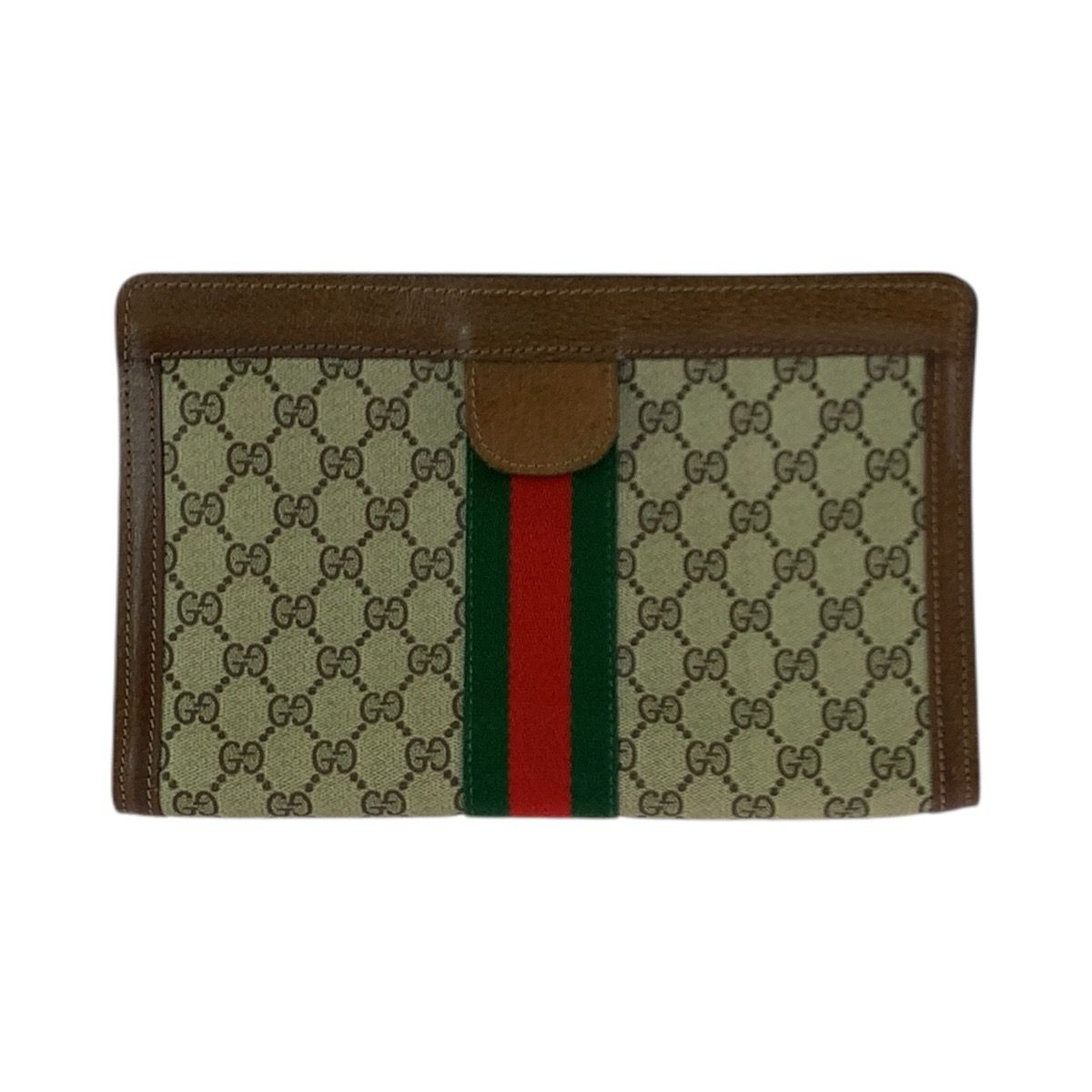 Gucci Vintage Sherry Line Beige Brown GG Supreme Canvas Leather Clutch — view 2