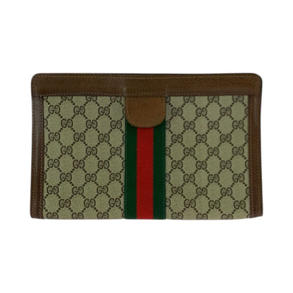 Gucci Vintage Sherry Line Beige Brown GG Supreme Canvas Leather Clutch — view 2