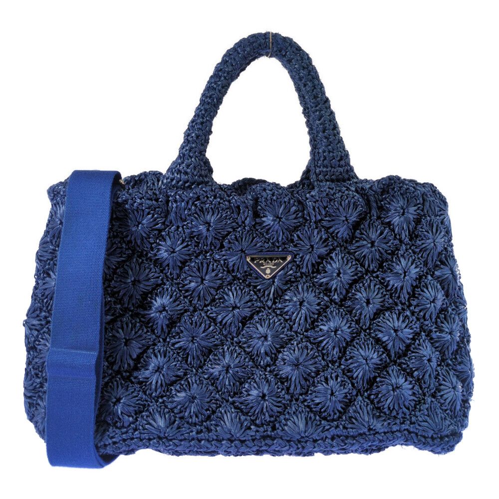 Prada Raffia Crochet Canapa Tote Handbag Triangle Logo Basket Blue Shoulder