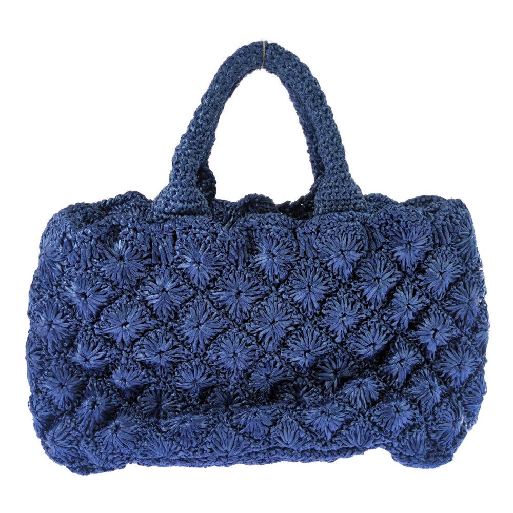 Prada Raffia Crochet Canapa Tote Handbag Triangle Logo Basket Blue Shoulder — view 3