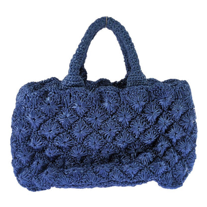 Prada Raffia Crochet Canapa Tote Handbag Triangle Logo Basket Blue Shoulder — view 3