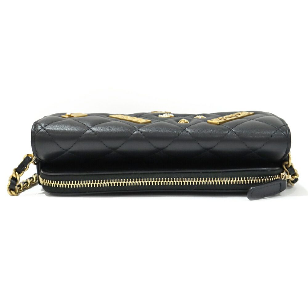 Chanel Phone Case Black Charm Shoulder Bag Chain Wallet Line Stone Gold — view 6