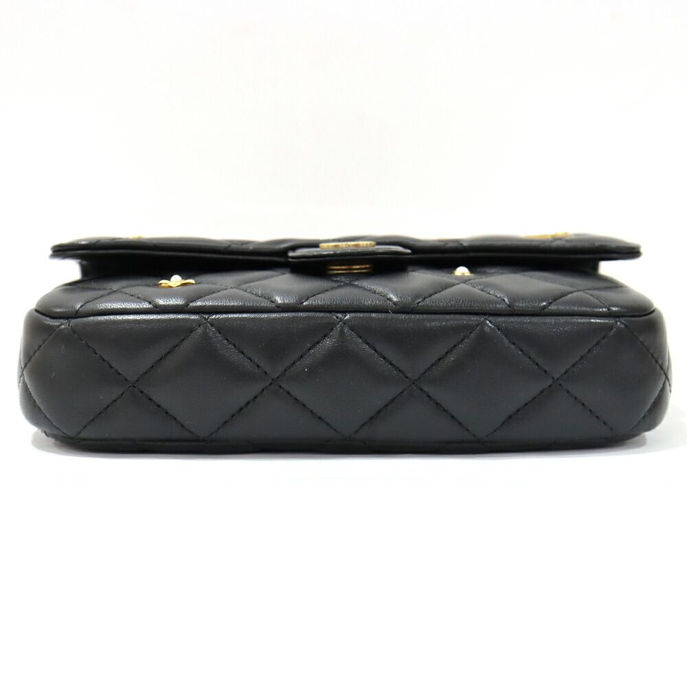 Chanel Phone Case Black Charm Shoulder Bag Chain Wallet Line Stone Gold — view 5