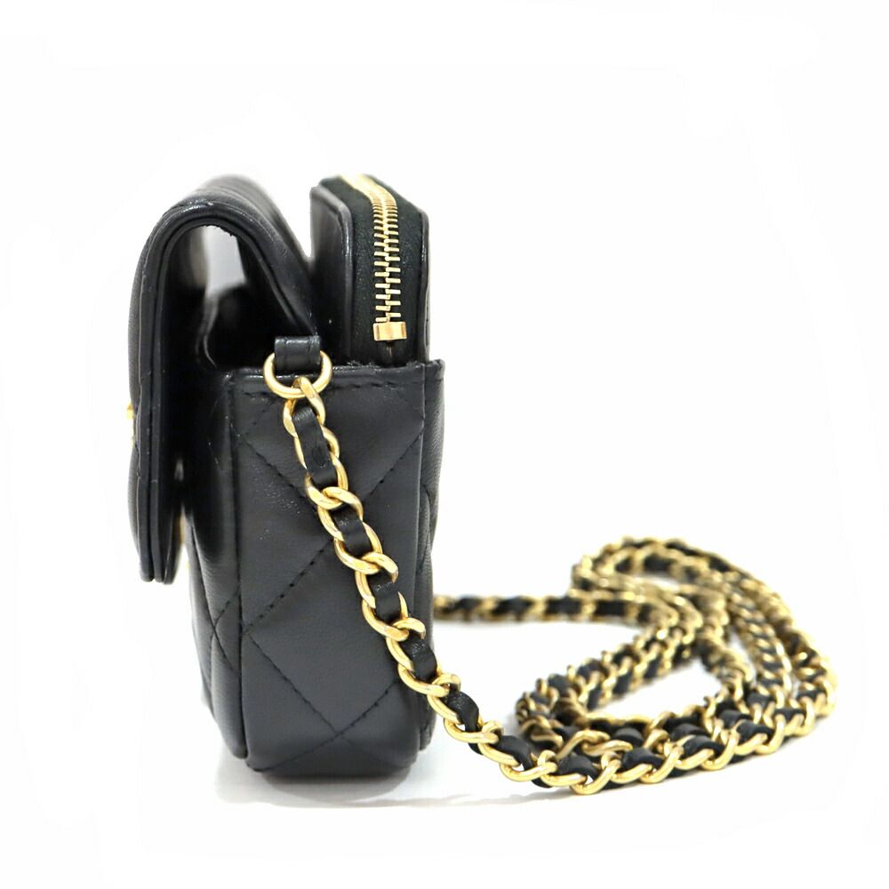 Chanel Phone Case Black Charm Shoulder Bag Chain Wallet Line Stone Gold — view 3