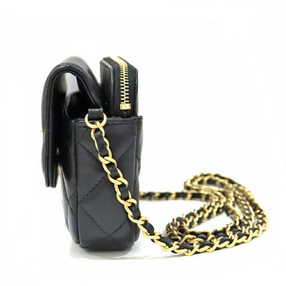 Chanel Phone Case Black Charm Shoulder Bag Chain Wallet Line Stone Gold — view 3