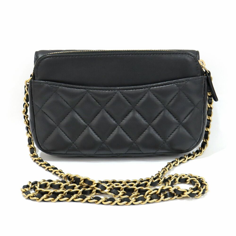 Chanel Phone Case Black Charm Shoulder Bag Chain Wallet Line Stone Gold — view 2