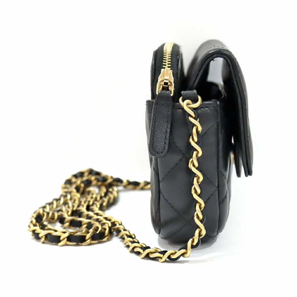 Chanel Phone Case Black Charm Shoulder Bag Chain Wallet Line Stone Gold — view 4