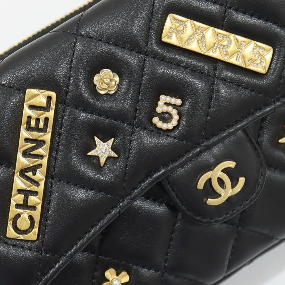 Chanel Phone Case Black Charm Shoulder Bag Chain Wallet Line Stone Gold — view 7