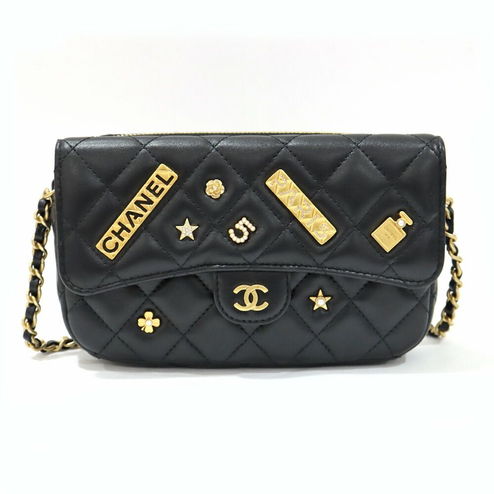 Chanel Phone Case Black Charm Shoulder Bag Chain Wallet Line Stone Gold