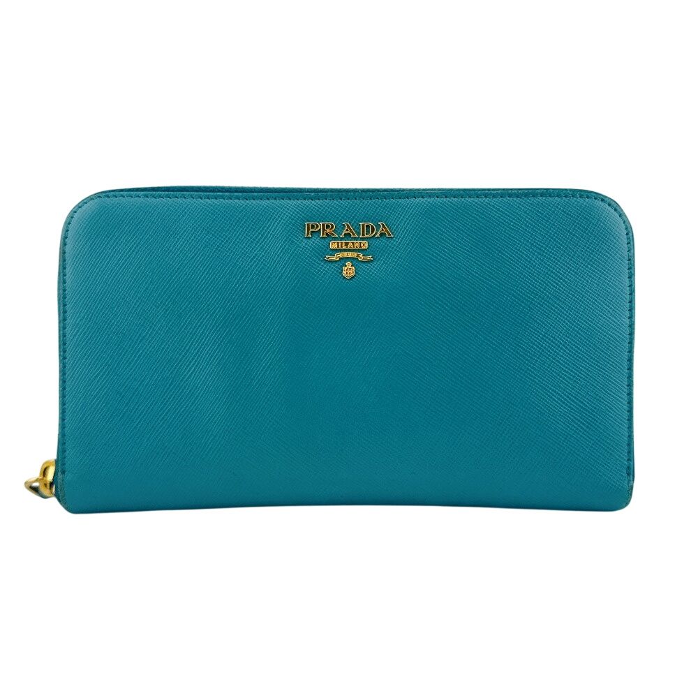 Prada Zip Around Saffiano Leather Wallet Blue