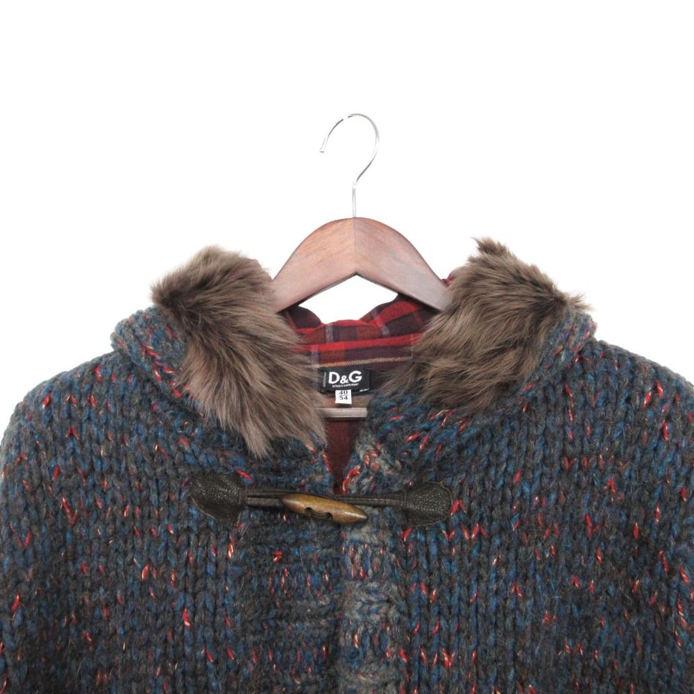 Dolce & Gabbana D&G Duffle Coat Sheep Fur Hooded Mohair Blend Knit Plaid Lining — view 5
