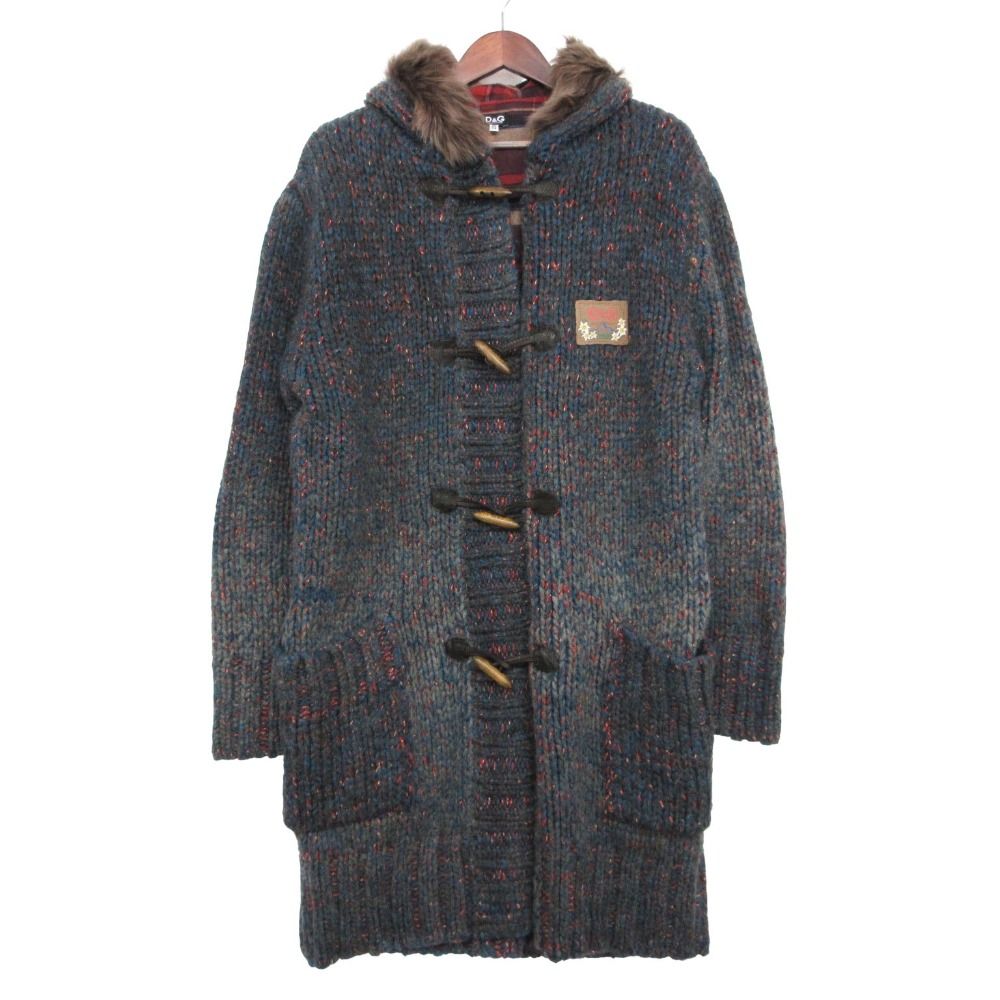 Dolce & Gabbana D&G Duffle Coat Sheep Fur Hooded Mohair Blend Knit Plaid Lining