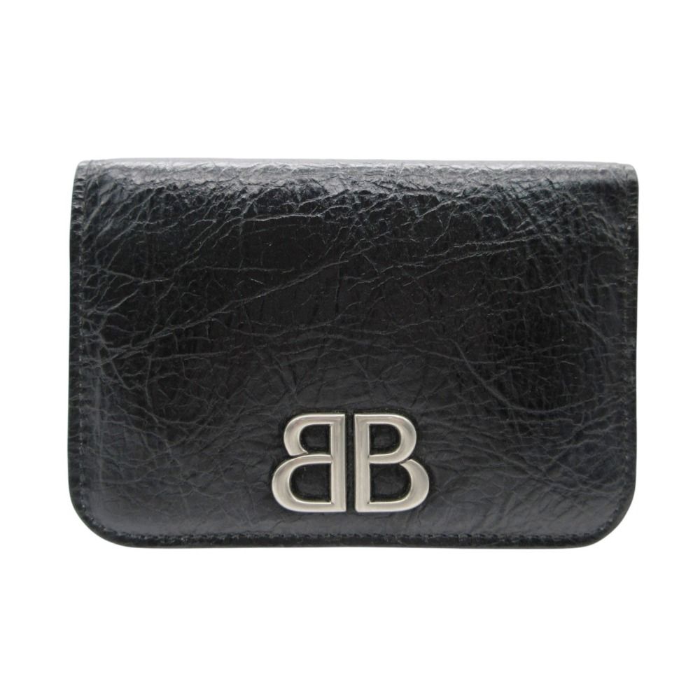 Balenciaga Card Case BB Logo Emblem Leather Bifold Holder Black