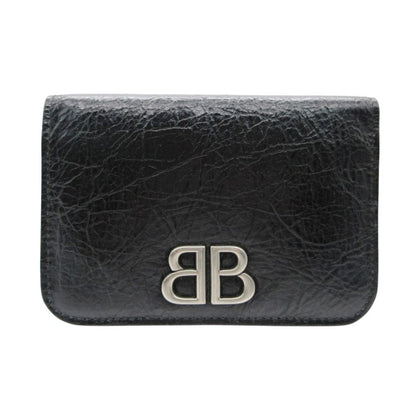 Balenciaga Card Case BB Logo Emblem Leather Bifold Holder Black