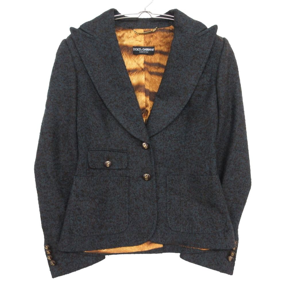 Dolce & Gabbana Tailored Jacket Blue Leather Taiga Pattern Lining Tweed