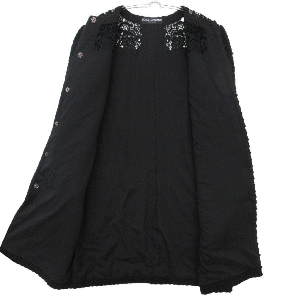Dolce & Gabbana Coat Lace Decoration Snap Button Wool Blend Black — view 5