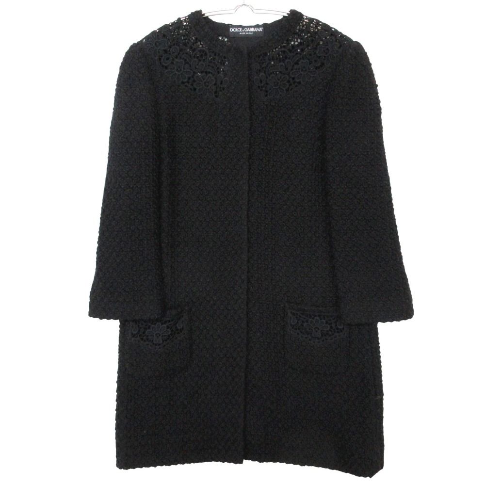 Dolce & Gabbana Coat Lace Decoration Snap Button Wool Blend Black