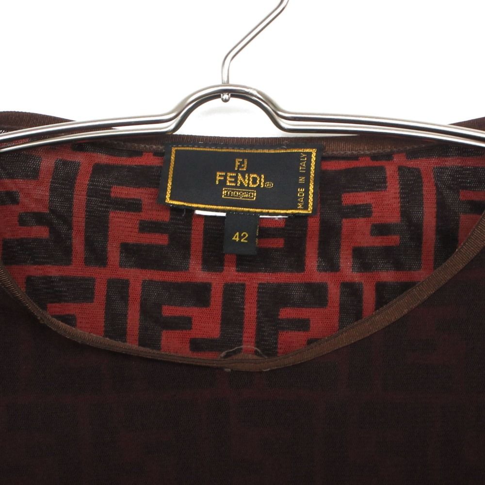 Fendi Short Sleeve T-Shirt Zucca Pattern Top Power Net Tag Cut Stretch Red Brown — view 3