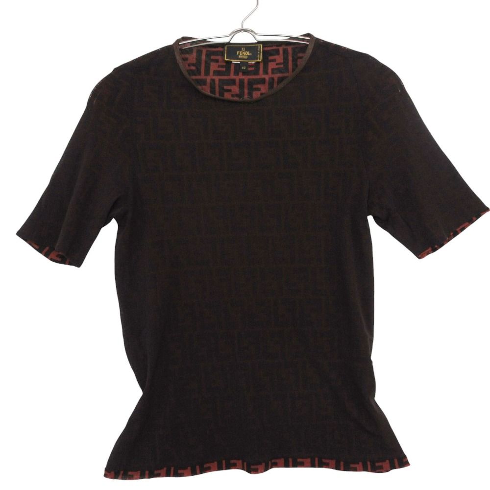 Fendi Short Sleeve T-Shirt Zucca Pattern Top Power Net Tag Cut Stretch Red Brown