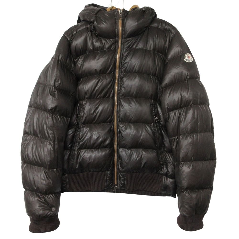 Moncler Down Jacket Marque with Hood Zip Up Ribbed Hem Brown