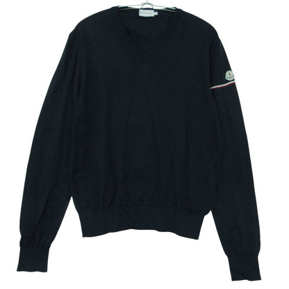 Moncler Knit V-neck Patch Tricolor Line Rib Cuffs Long Sleeve Cotton Top Navy