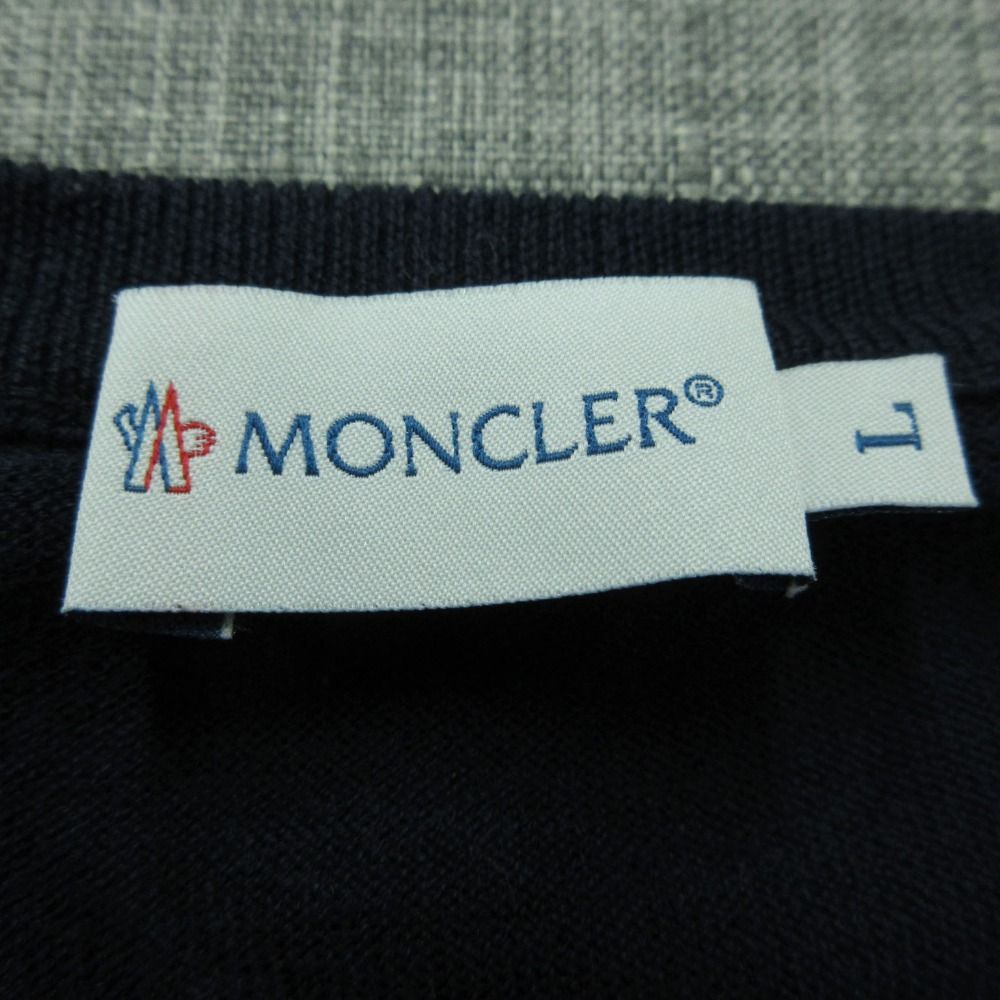 Moncler Knit V-neck Patch Tricolor Line Rib Cuffs Long Sleeve Cotton Top Navy — view 4