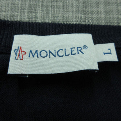 Moncler Knit V-neck Patch Tricolor Line Rib Cuffs Long Sleeve Cotton Top Navy — view 4