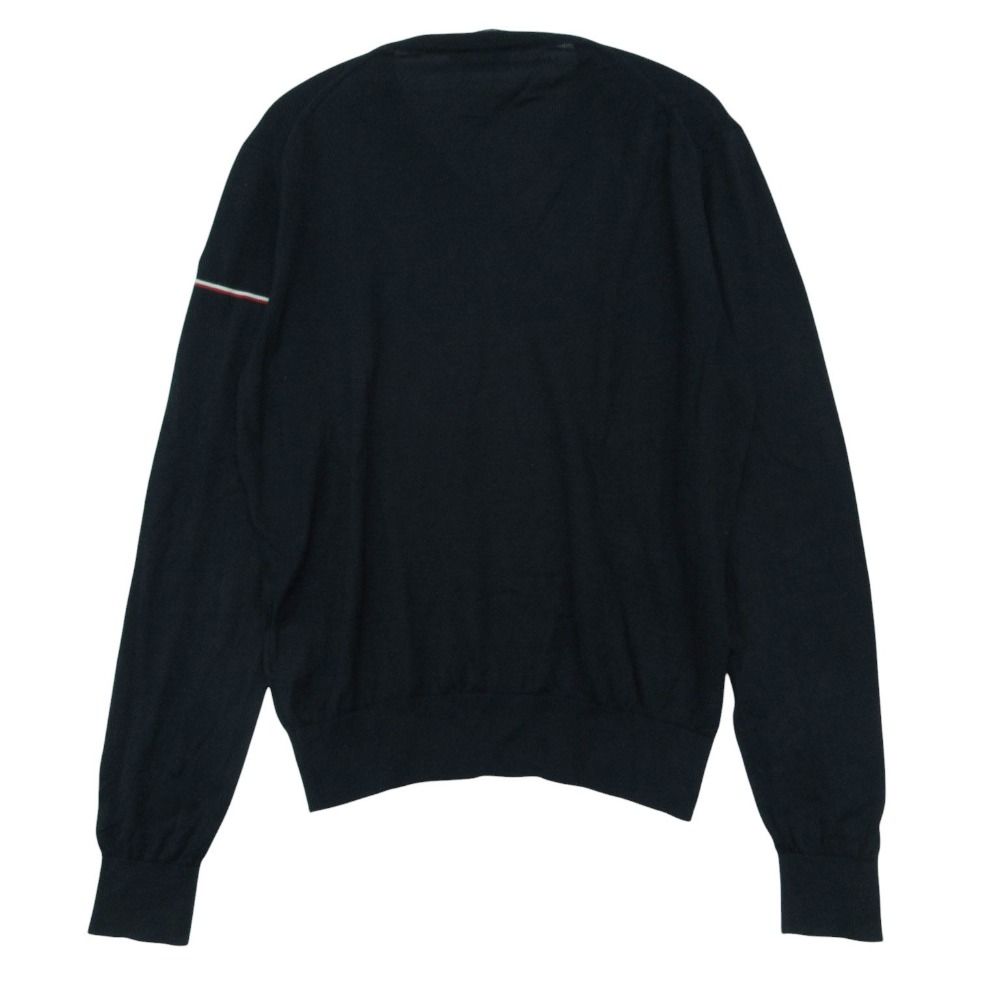 Moncler Knit V-neck Patch Tricolor Line Rib Cuffs Long Sleeve Cotton Top Navy — view 2