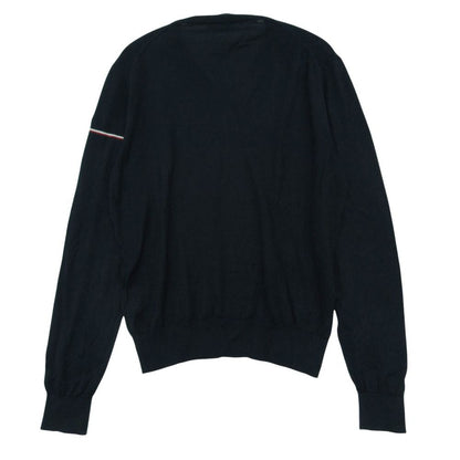 Moncler Knit V-neck Patch Tricolor Line Rib Cuffs Long Sleeve Cotton Top Navy — view 2